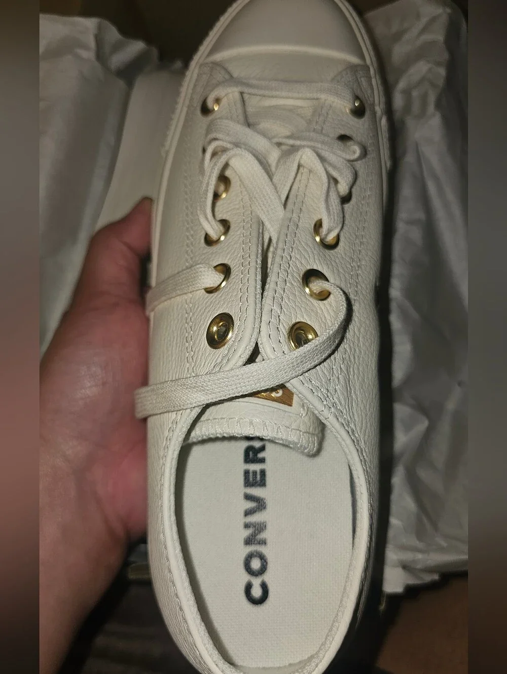 Converse Cream Leather Low Top Sneakers with Gold Logo